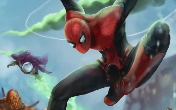 4K Ultra HD PC desktop wallpaper: Spider-Man in red-black suit leaping toward viewer while Mysterio (Marvel Comics) hovers with green smoke — cinematic Spider-Man: Far From Home movie art.