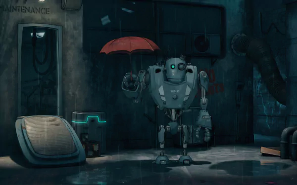 Encodya video game scene: a lone robot holding a red umbrella in a damp, neon-lit alley — 4K Ultra HD PC desktop wallpaper and background
