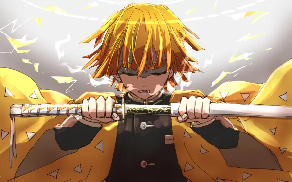 HD desktop wallpaper of Zenitsu Agatsuma from Demon Slayer: Kimetsu no Yaiba, featuring him holding a sword with a determined expression, surrounded by lightning effects.