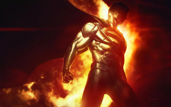 HD PC desktop wallpaper of Kal-El (Superman) from DC Comics: armored, muscular figure stands before blazing fire and a glowing red-orange sky, cape billowing in a dramatic heroic pose.