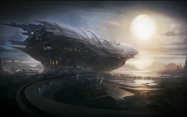 HD PC desktop wallpaper showcasing sci-fi concept art of a sleek spaceship hovering over a futuristic landscape at sunset.