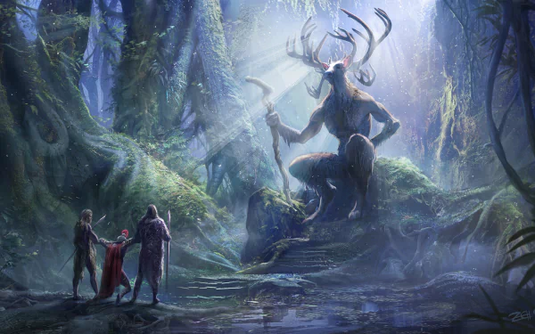 A majestic Celtic Cernunnos creature stands in a mystical forest, bathed in light, facing three figures in this detailed HD fantasy PC desktop wallpaper.