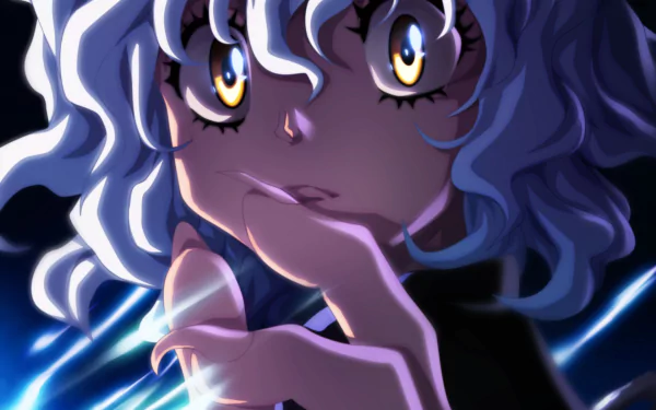 HD anime desktop wallpaper of Neferpitou from Hunter × Hunter, featuring a close-up with glowing eyes and dynamic lighting effects.