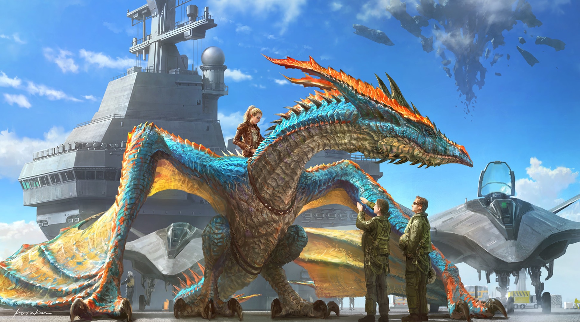 Riding a dragon on an aircraft carrier by Kou Takano