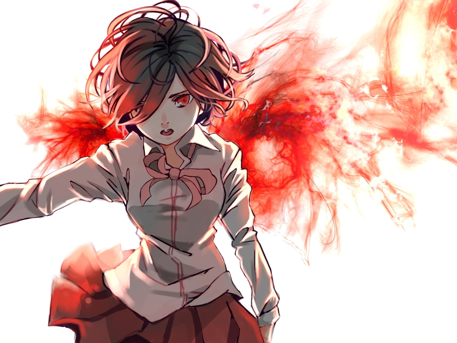 HD anime desktop wallpaper featuring Touka Kirishima from Tokyo Ghoul, depicted with intense red aura and dynamic pose against a white background.
