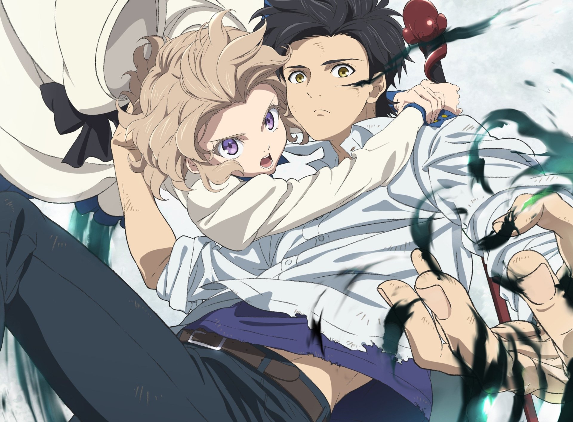 HD anime desktop wallpaper featuring Kurou Sakuragawa and Kotoko Iwanaga from Kyokou Suiri in a dynamic, action-packed scene.