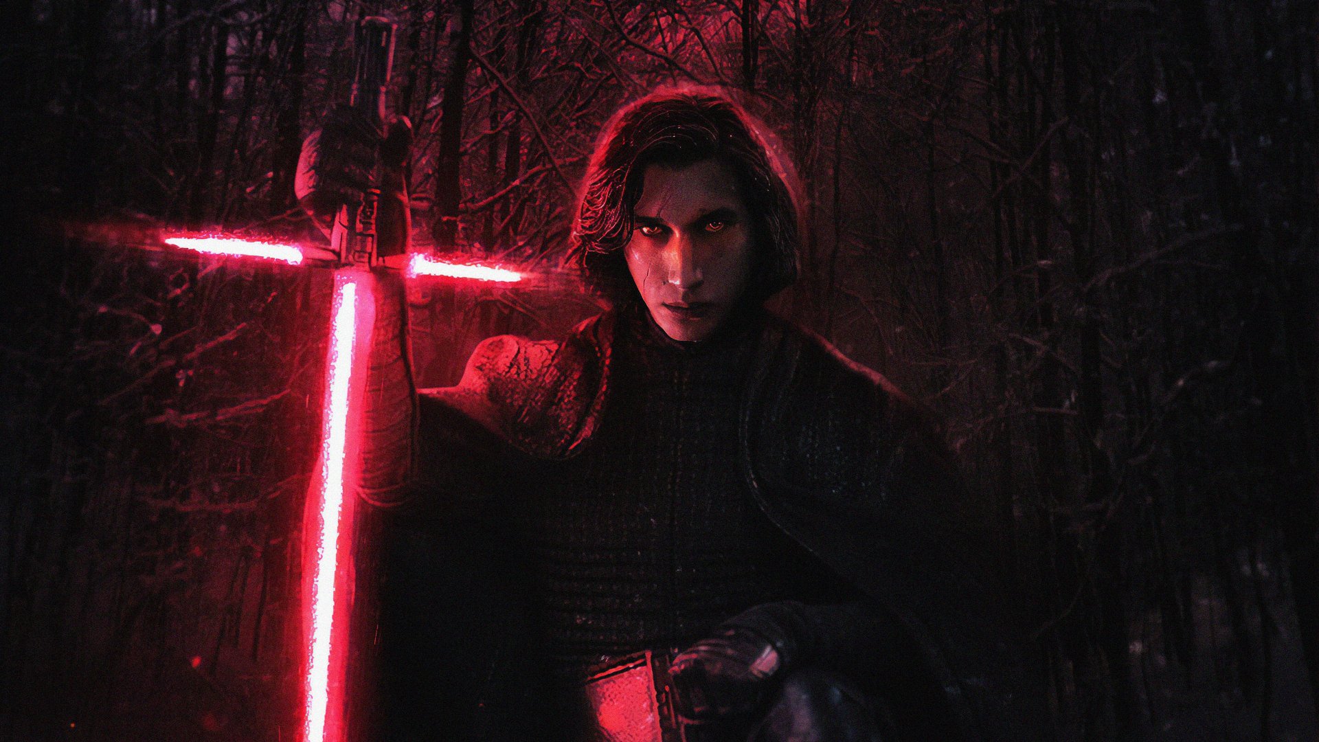 4K Ultra HD Star Wars sci-fi desktop wallpaper: Kylo Ren in a dark forest, hooded, wielding a red crossguard lightsaber casting ominous red light.