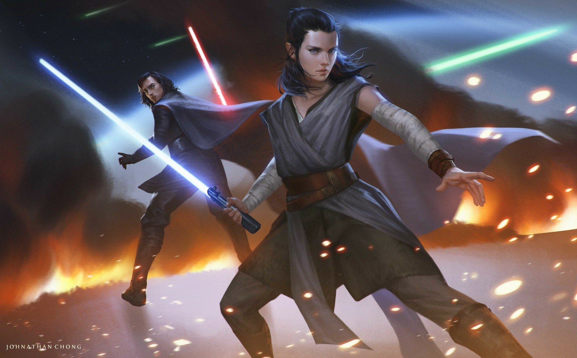 Download Lightsaber Kylo Ren Rey (Star Wars) Sci Fi Star Wars HD Wallpaper by Johnathan Chong