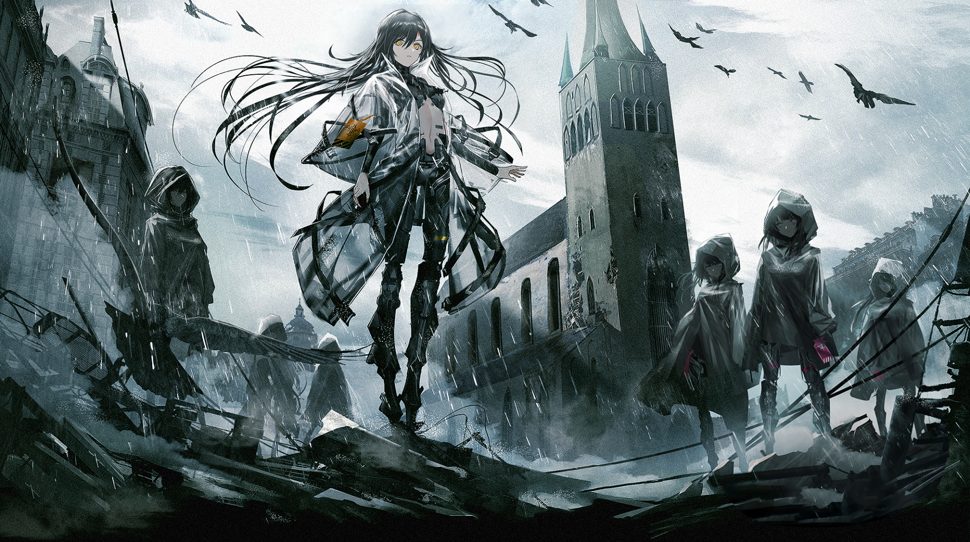 HD PC desktop wallpaper featuring characters from the video game Girls Frontline set against a dark, ruined cityscape with a towering gothic structure.