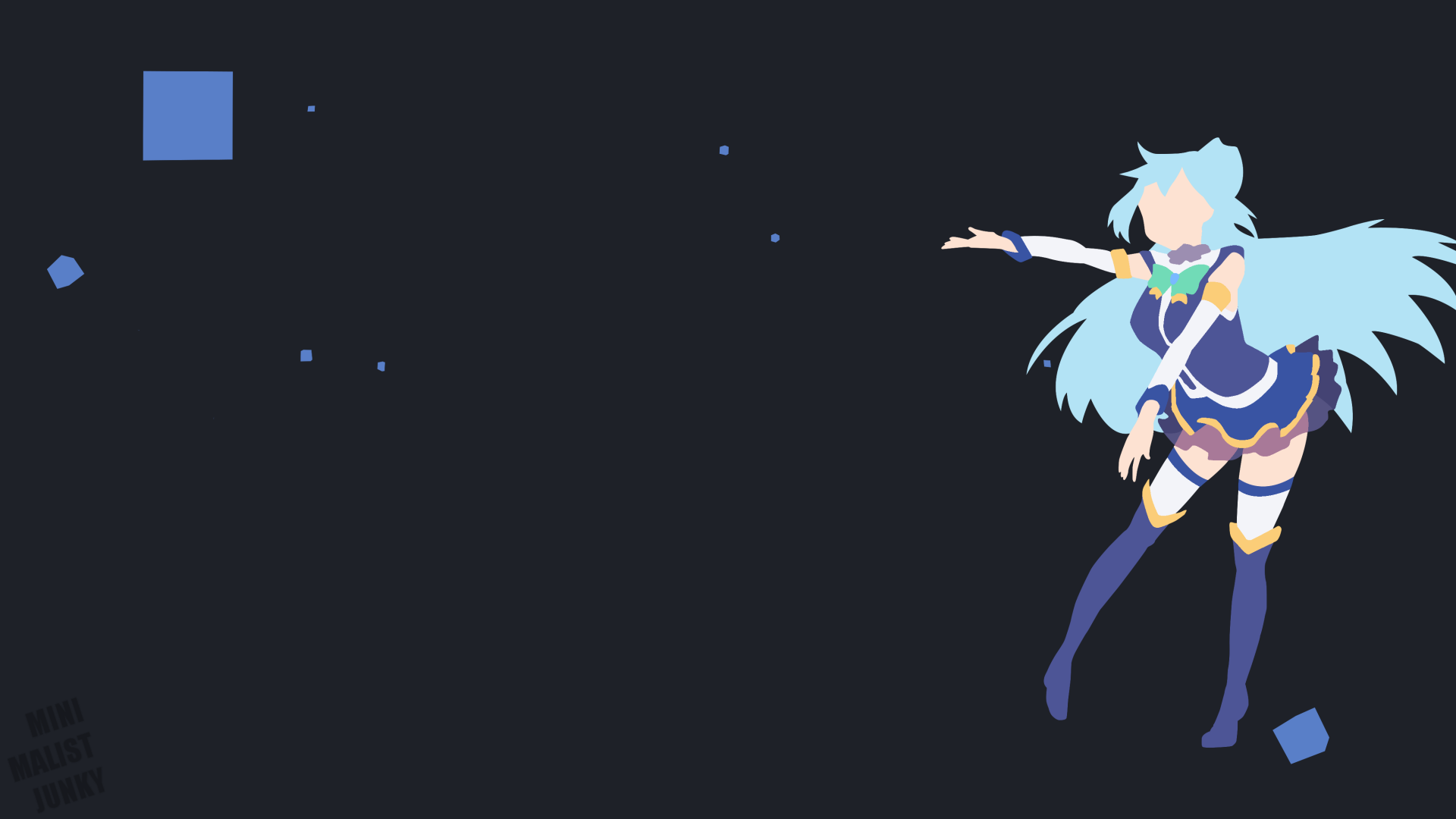 4K Ultra HD PC desktop wallpaper: Aqua (KonoSuba) from the anime KonoSuba - God's blessing on this wonderful world!!, blue-haired goddess floating on a dark, star-speckled background.