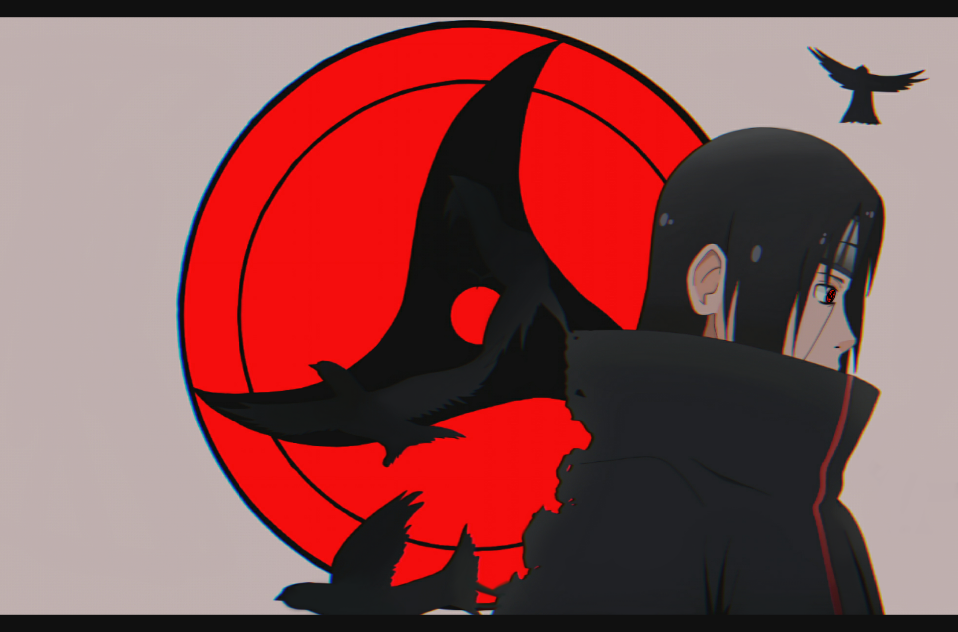 HD anime desktop wallpaper featuring Itachi Uchiha from Naruto, set against a bold red background with the Sharingan symbol and crow silhouettes.