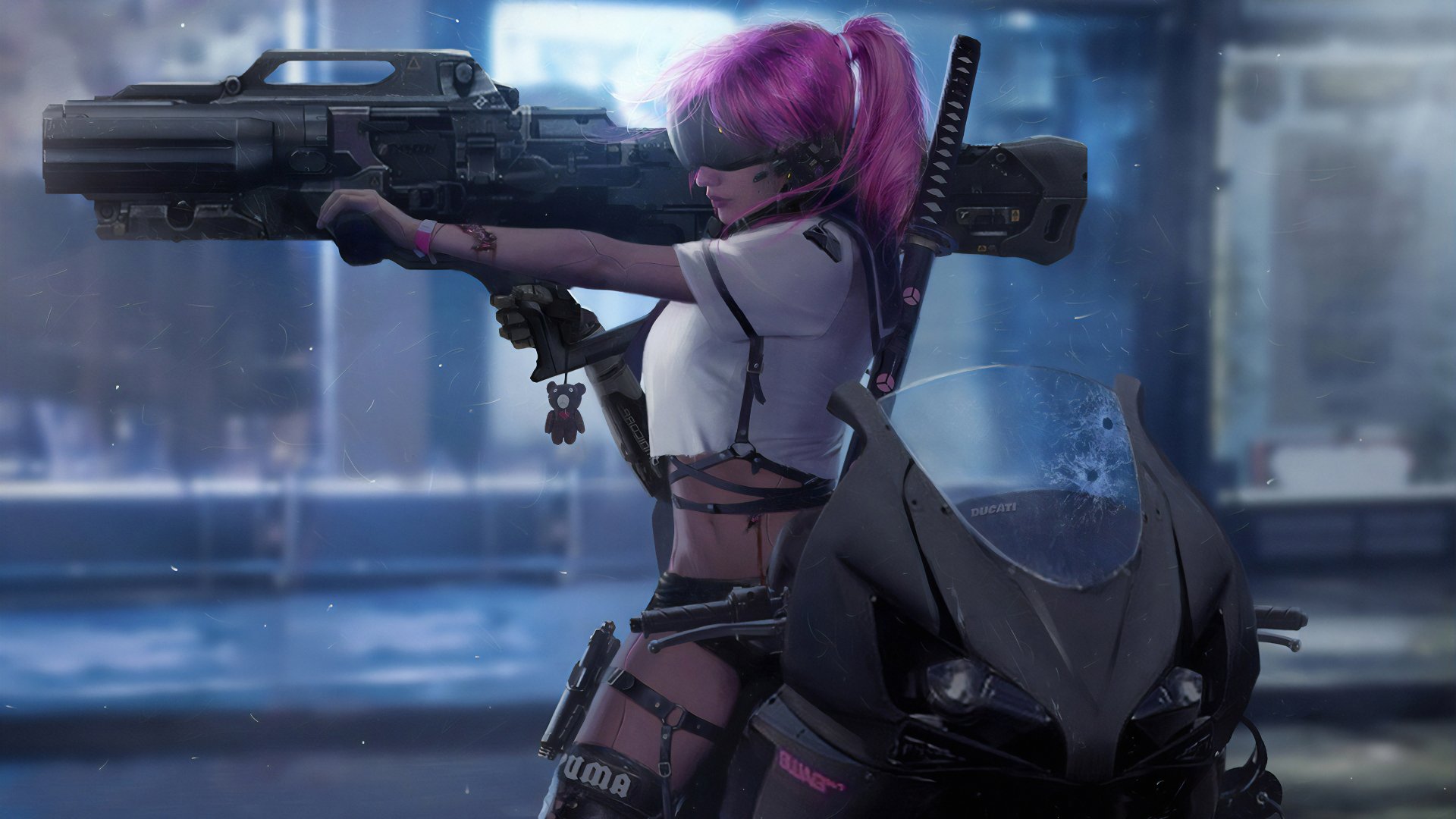 Download Bazooka Weapon Ponytail Pink Hair Woman Warrior Sci Fi 4k ...