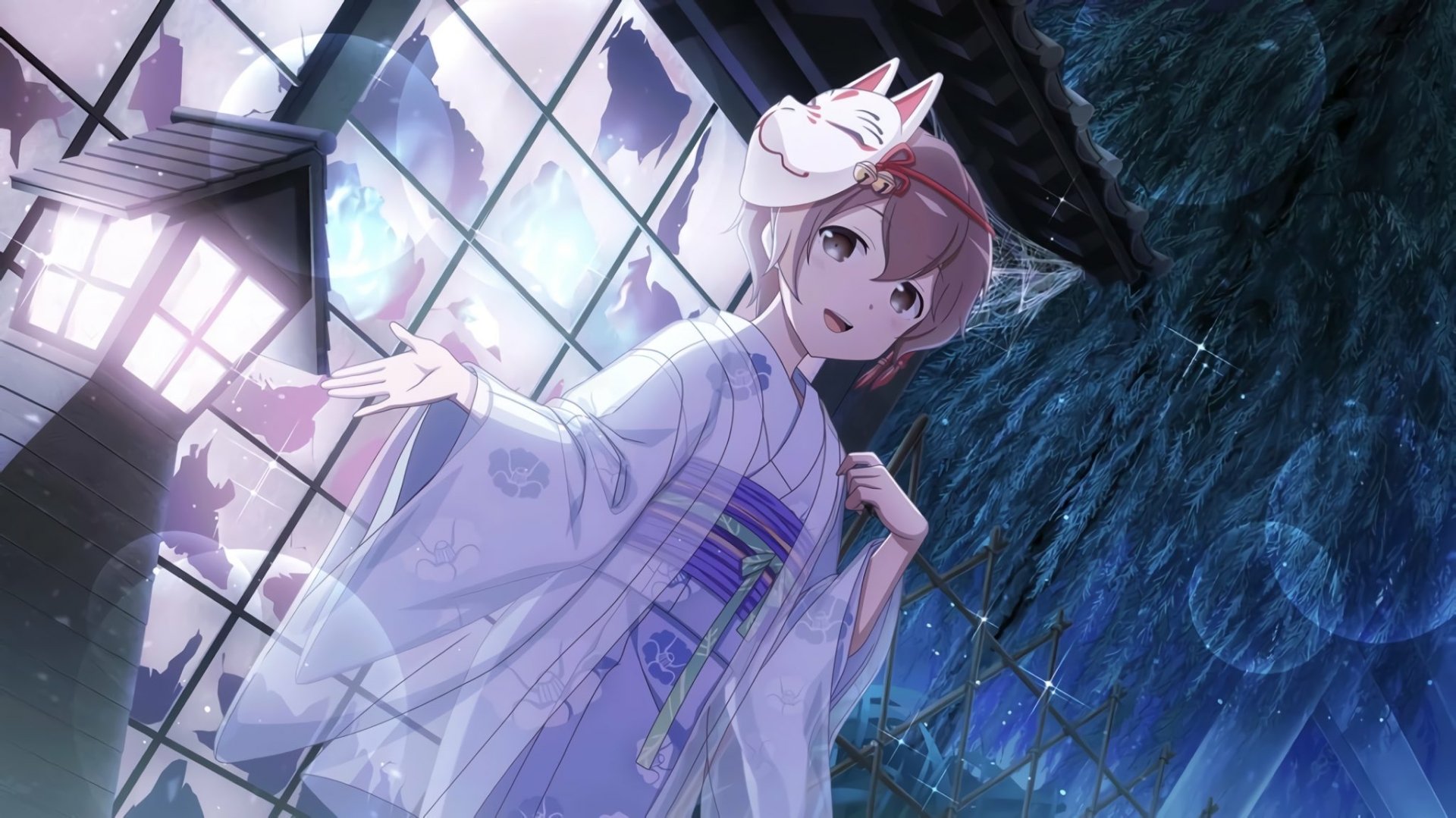 HD PC desktop wallpaper/background of Fujimori Mito (Anime, Yuki Yuna is a Hero): she wears a white yukata and fox mask, smiling beneath moonlit stained glass with rain and glowing orbs.