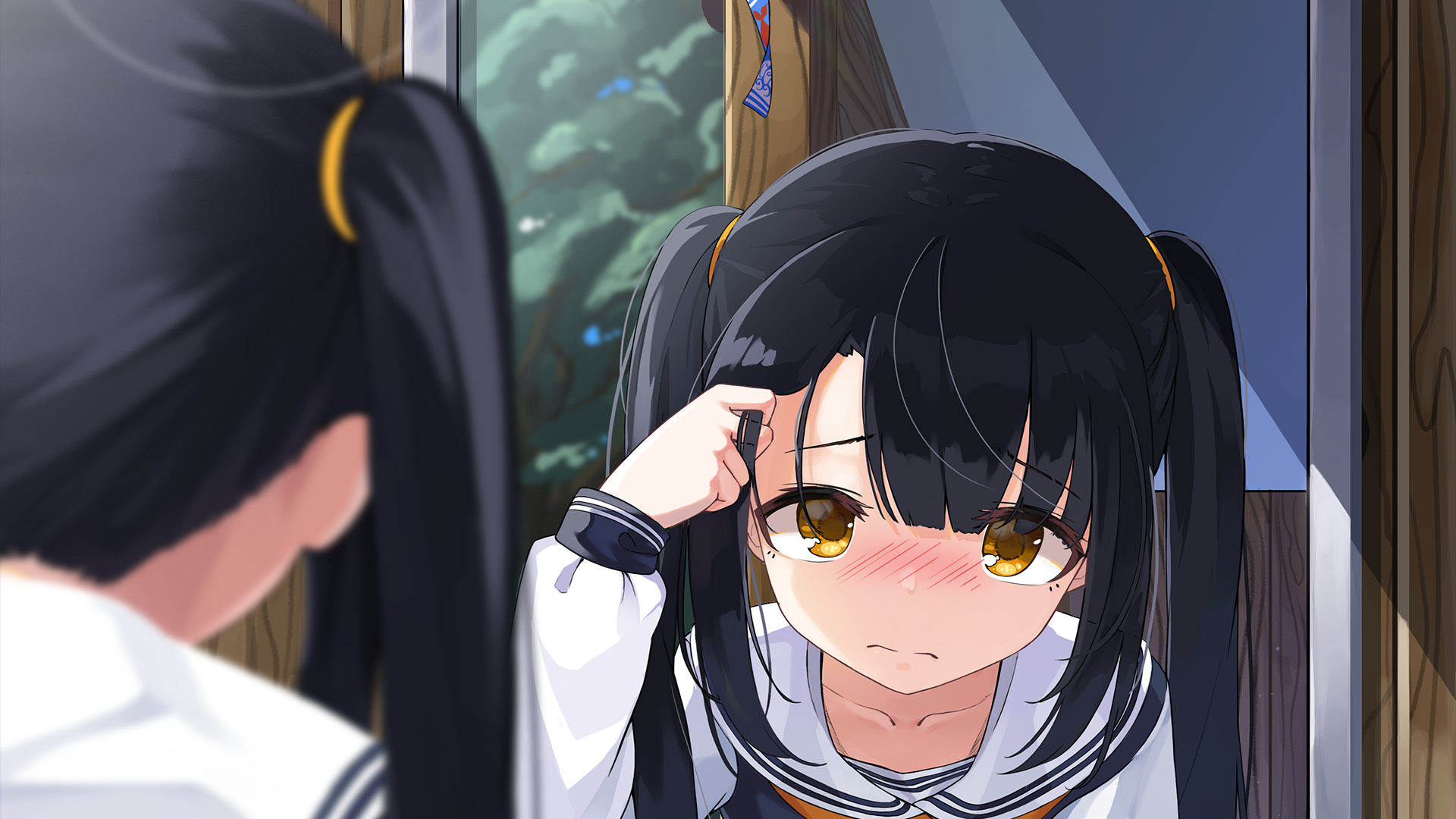 Anime-style HD desktop wallpaper featuring a black-haired girl with yellow eyes in a school uniform looking at her reflection in a mirror.