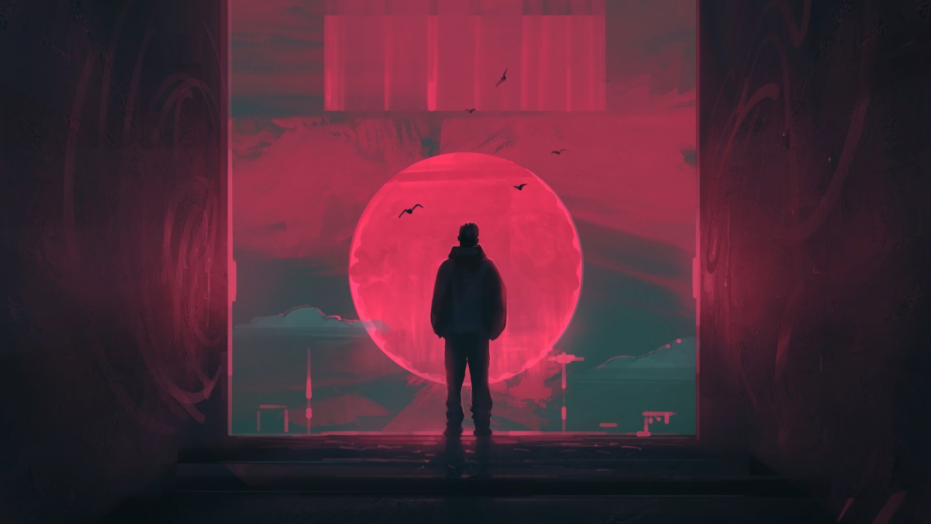 Artistic retrowave 4K Ultra HD desktop wallpaper showing a lone figure silhouetted against a vibrant neon red sun and dark cityscape background.
