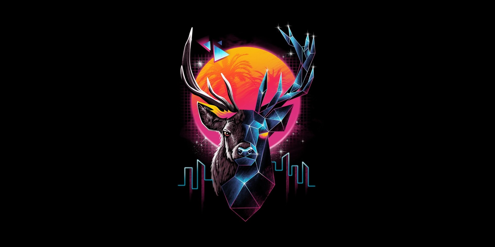 Artistic retro neon deer animal portrait with geometric facets, glowing antlers and a magenta sun, 5K Ultra HD PC desktop wallpaper and background.