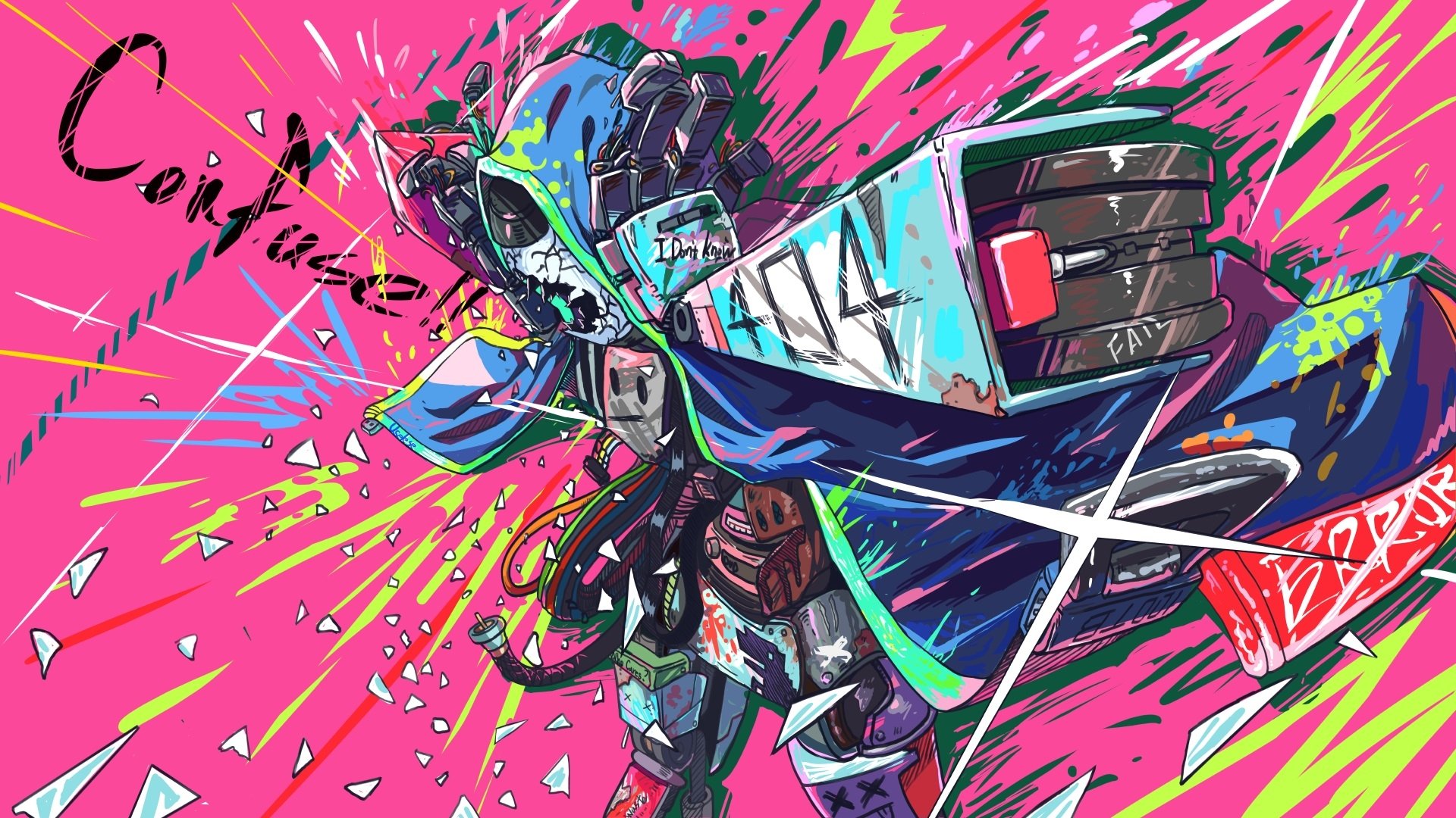Vibrant anime-style HD PC desktop wallpaper featuring an original futuristic character in dynamic pose with bold colors and energetic background splashes.