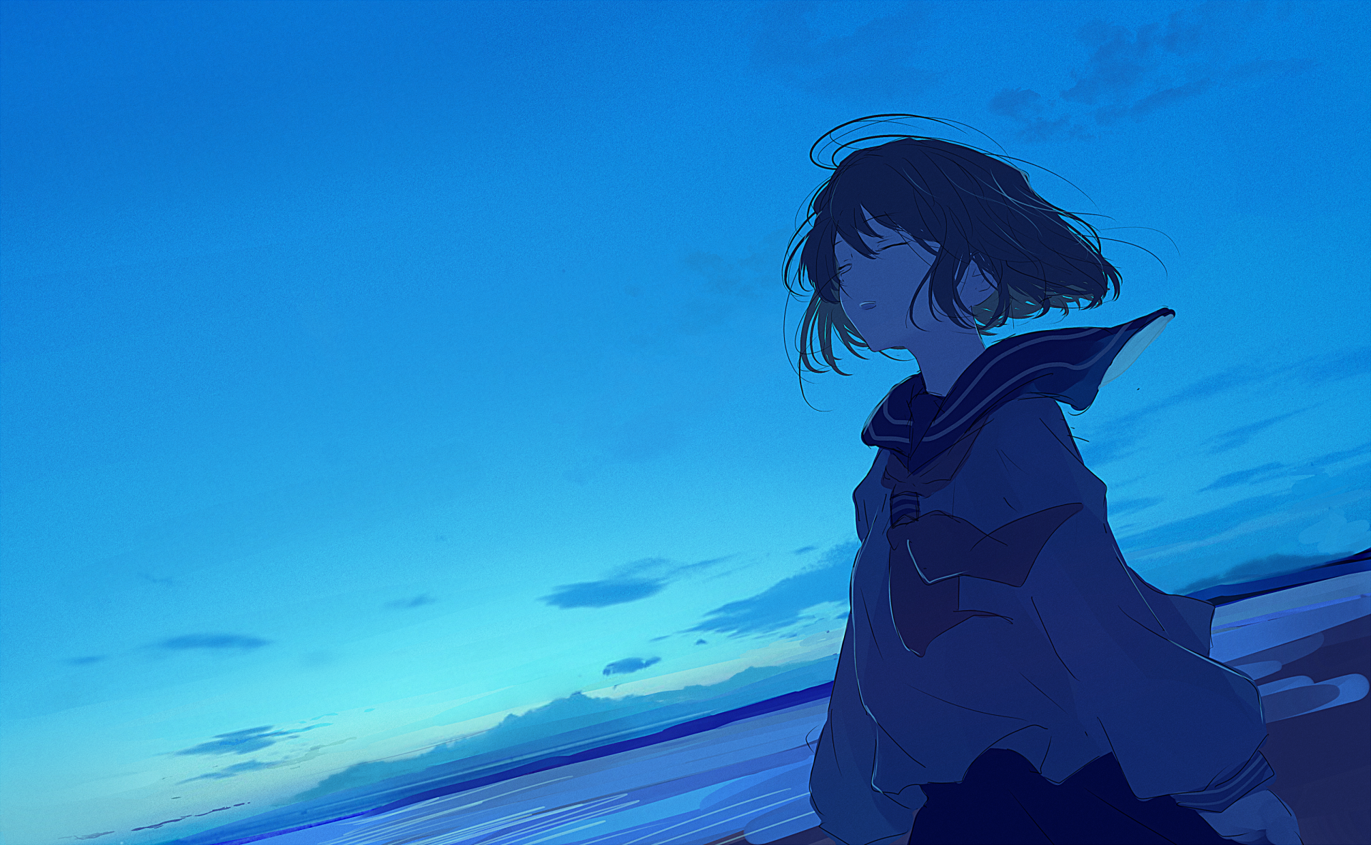 HD anime desktop wallpaper featuring an original artwork of a girl with short hair standing against a tranquil blue sky background.