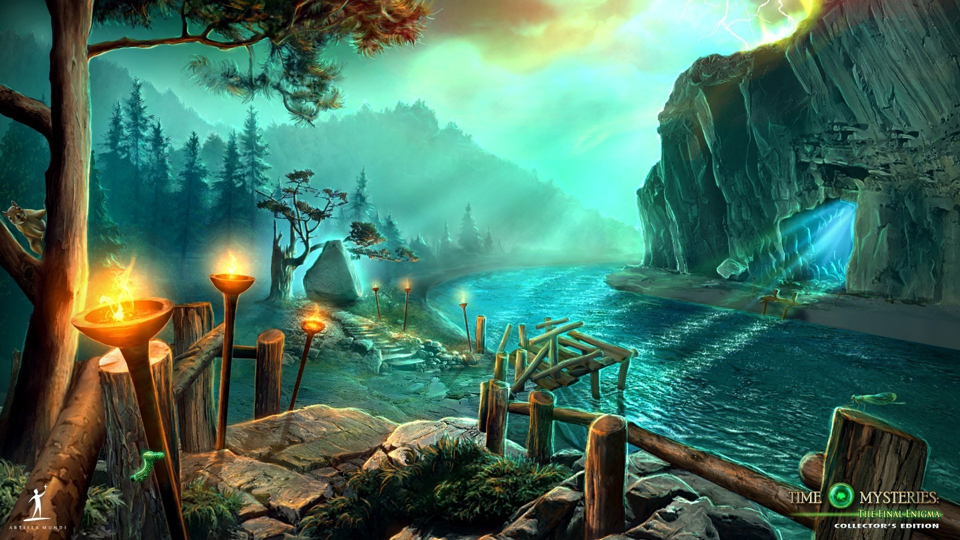 Download Time Mysteries Torch Dock Path Tree Cave River Video Game Time Mysteries 3: The Final Enigma HD Wallpaper by Artifex Mundi