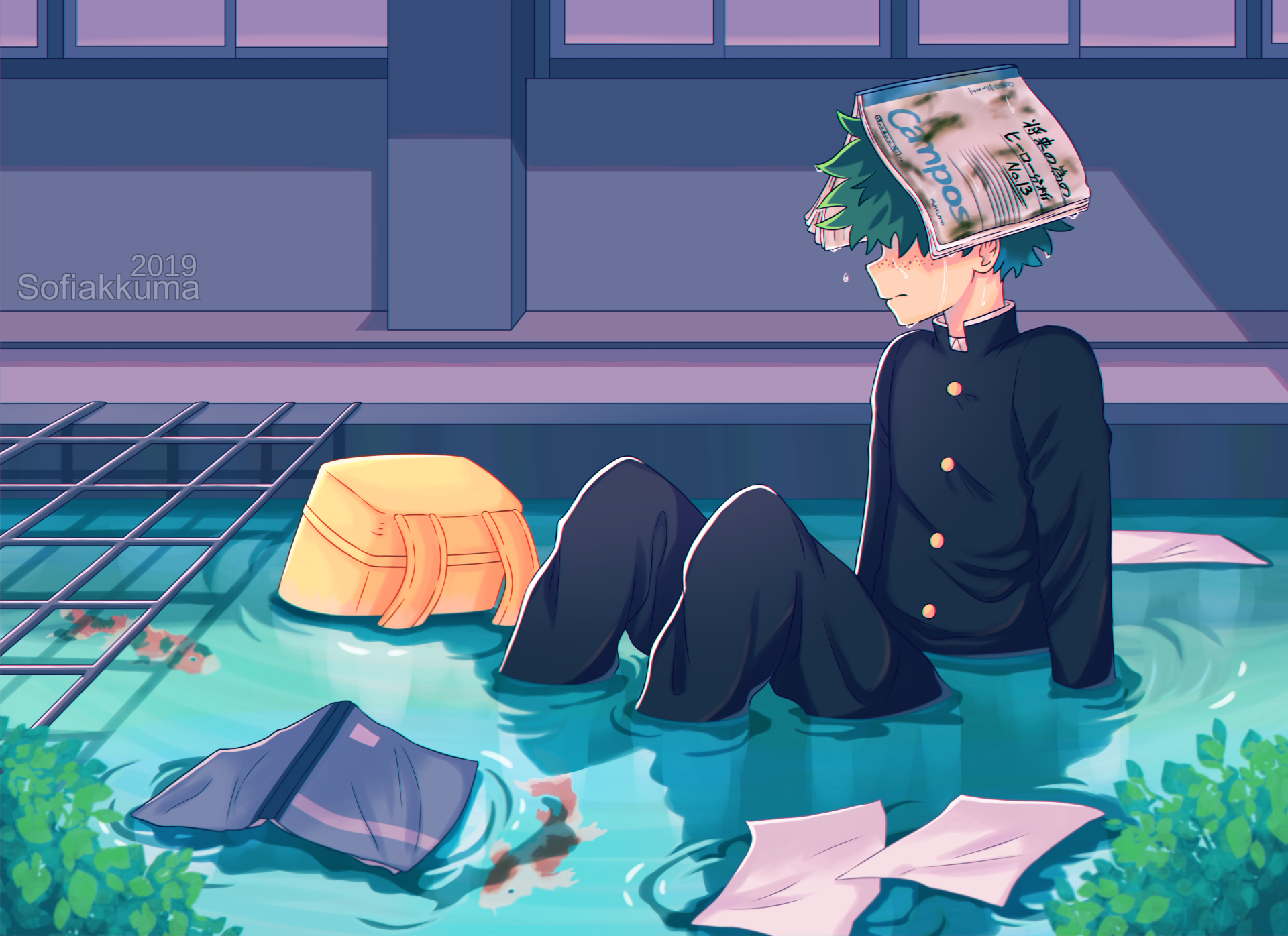 HD PC desktop wallpaper featuring Izuku Midoriya from My Hero Academia sitting in water surrounded by scattered papers and a yellow bag.