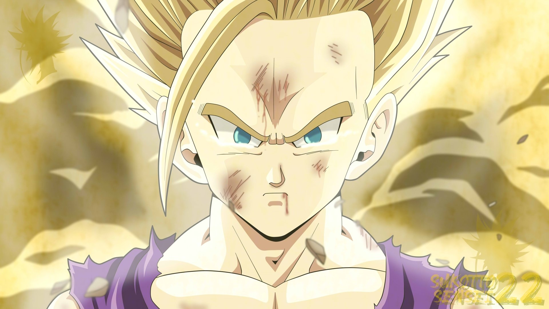 Gohan (Dragon Ball Z) close-up in Super Saiyan form, bruised and resolute, golden aura glowing — anime 4K Ultra HD PC wallpaper.