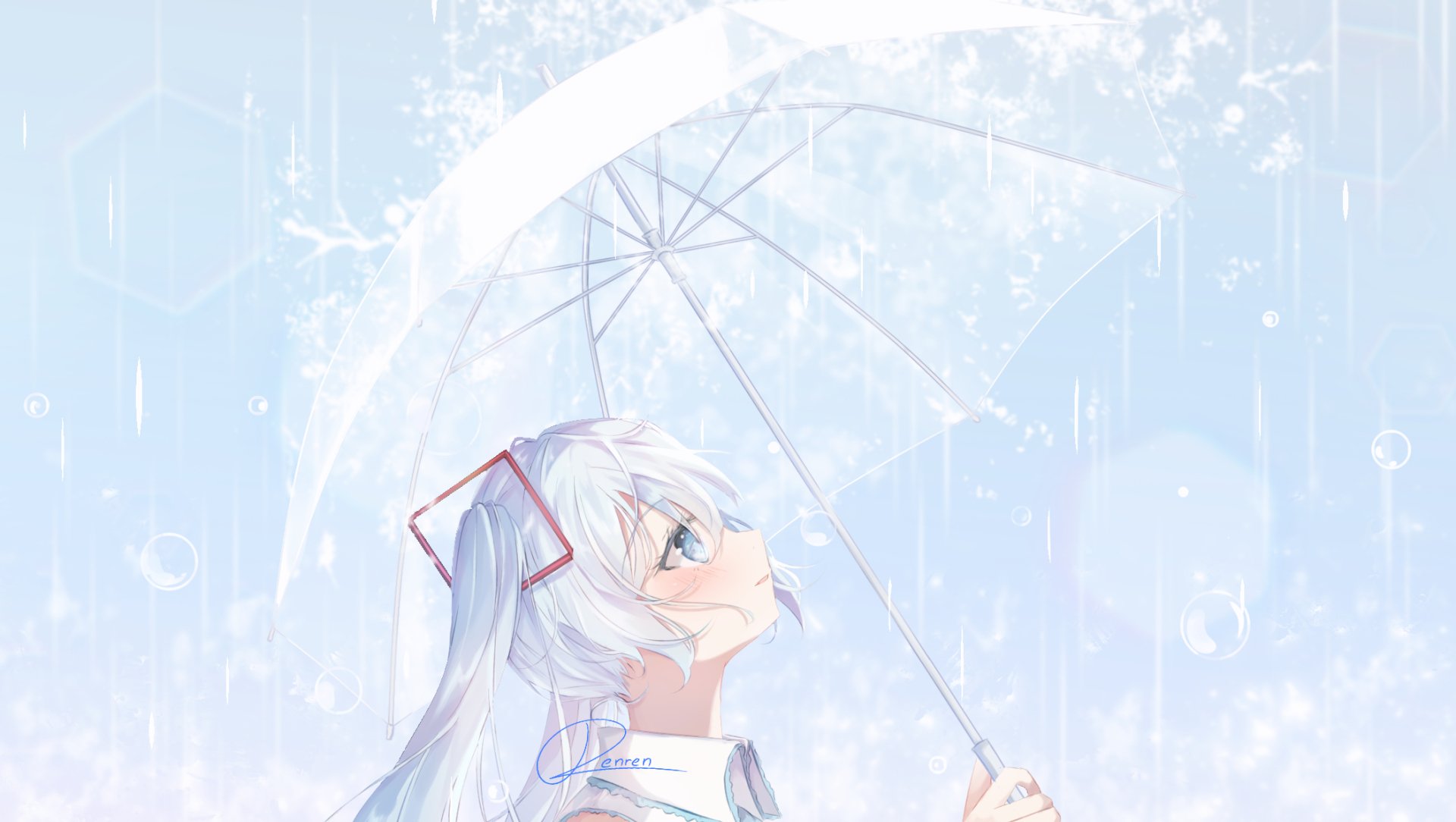 Hatsune Miku (Vocaloid) anime-style holding a transparent umbrella in gentle rain — soft blue HD PC desktop wallpaper/background.