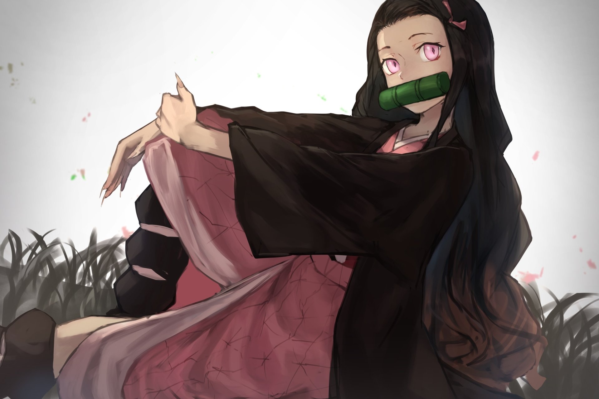 HD PC desktop wallpaper featuring Nezuko Kamado from the anime Demon Slayer: Kimetsu no Yaiba, seated with her signature bamboo muzzle and flowing dark hair.