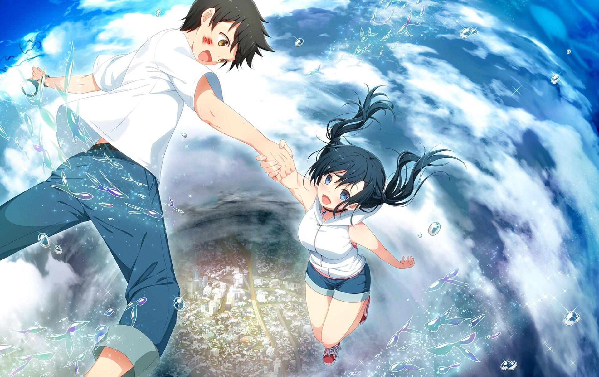 HD PC desktop wallpaper/background of Hodaka Morishima and Hina Amano from Weathering with You: anime scene of them holding hands above the city amid swirling rain and sky.
