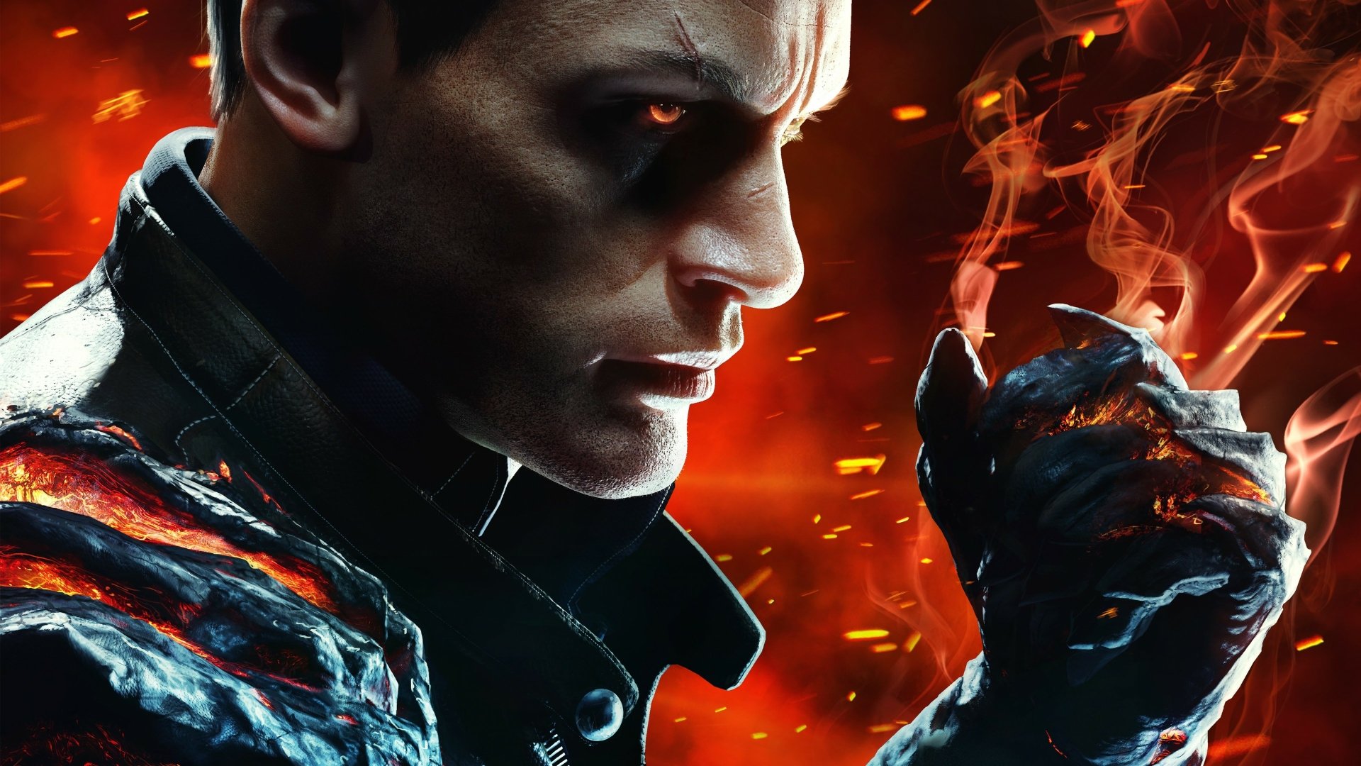 Close-up of a character from the video game Devil's Hunt, with glowing eyes and fiery effects, presented as a 4K Ultra HD PC desktop wallpaper and background.