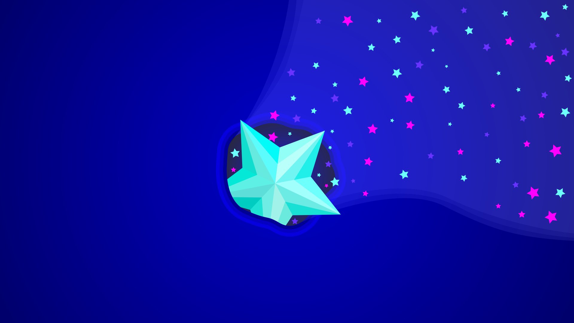 Artistic 8K Ultra HD desktop wallpaper featuring a large blue star among a cluster of smaller colorful stars on a deep blue background.