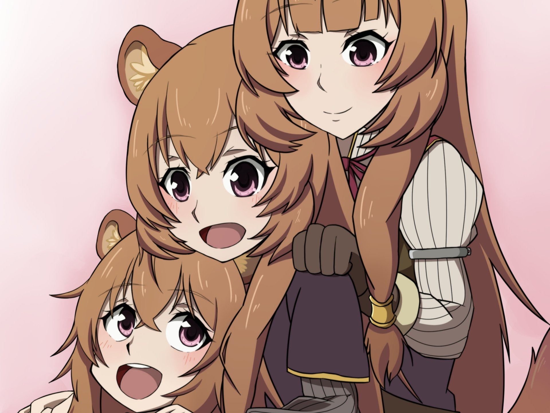 HD anime desktop wallpaper featuring Raphtalia from The Rising of the Shield Hero, showcasing her cheerful expressions in a vibrant, detailed style.