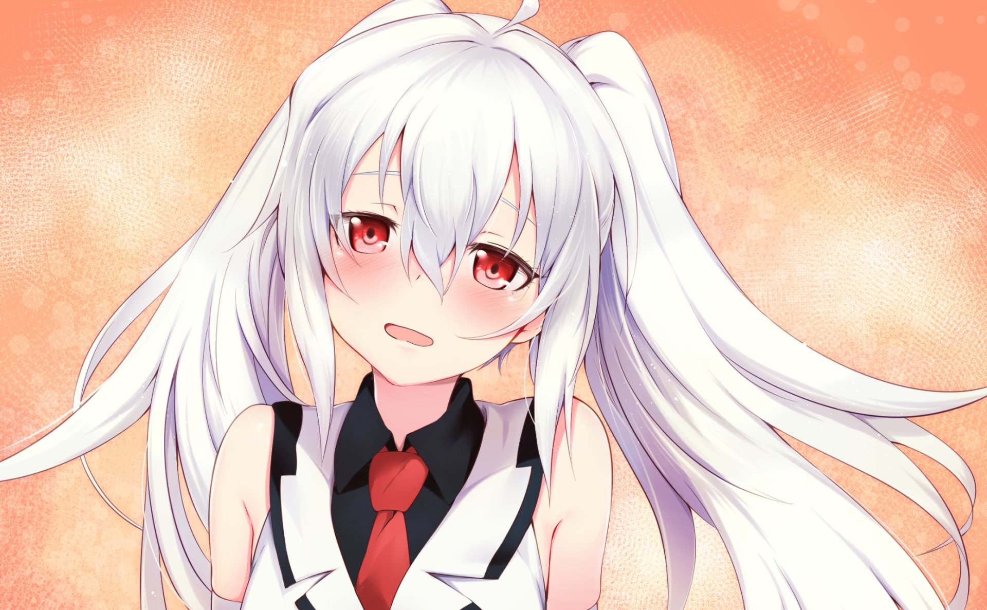 HD anime wallpaper featuring Isla from Plastic Memories with flowing white hair and red eyes against a soft orange background.