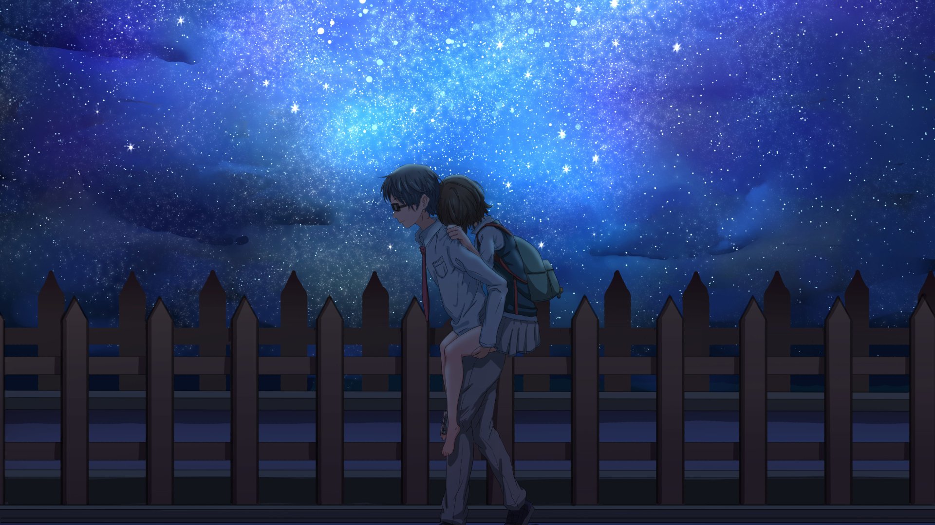Kousei Arima carries Tsubaki Sawabe on his back against a starry night sky, a 4K Ultra HD anime wallpaper from Your Lie in April.
