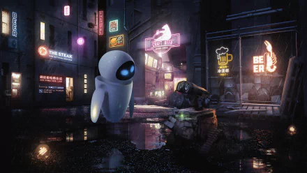 EVE from WALL·E hovers in a neon-lit, rain-slick alley next to WALL·E, cinematic robot movie scene — 4K Ultra HD PC desktop wallpaper.