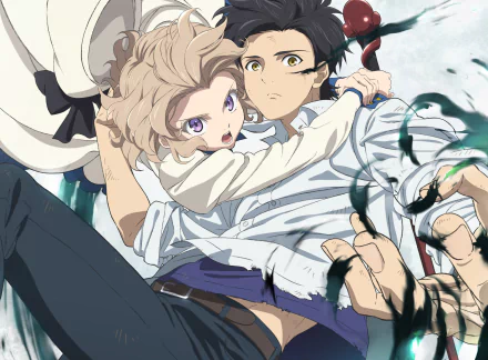 HD anime desktop wallpaper featuring Kurou Sakuragawa and Kotoko Iwanaga from Kyokou Suiri in a dynamic, action-packed scene.