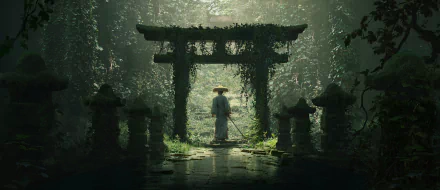 HD fantasy wallpaper depicting a samurai warrior standing in front of an overgrown Oriental shrine, evoking a mystical and ancient atmosphere.