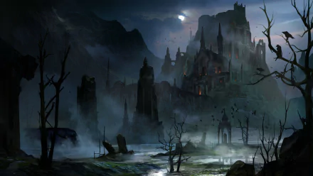 HD PC desktop wallpaper depicting a dark, eerie castle at night, shrouded in mist with a moonlit sky and barren trees enhancing the haunting atmosphere.