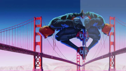 Miles Morales (Spider-Man) crouches above the Golden Gate Bridge with a mirrored reflection — 4K Ultra HD PC wallpaper inspired by the movie Spider-Man: Into the Spider-Verse.