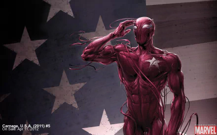 HD PC desktop wallpaper of Carnage (Marvel Comics): the crimson symbiote in comic-style art, muscles and tendrils posed menacingly against a faded American flag background.