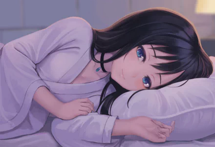 HD anime wallpaper of Hina Amano from Weathering with You, featuring her lying on a pillow with a serene expression and soft lighting.