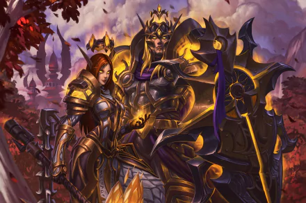 HD PC wallpaper featuring a female elf warrior with pointed ears, clad in armor and holding a shield, from the World of Warcraft video game.
