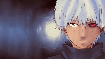 Ken Kaneki from Tokyo Ghoul features a close-up with his white hair and distinctive red eye, set against a dark, moody background in 4K Ultra HD anime style.