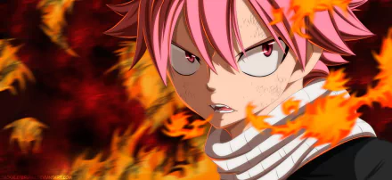 Anime HD PC desktop wallpaper: Natsu Dragneel (Fairy Tail) close-up, fierce expression, flames swirling around him as background.