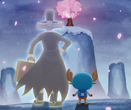 HD anime desktop wallpaper featuring Hiriluk and Tony Tony Chopper from One Piece under a snowy cherry blossom tree on a cliff.