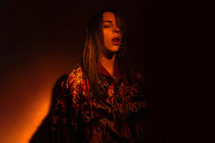 American singer Billie Eilish illuminated by warm, dramatic lighting in a vibrant 4K Ultra HD PC desktop wallpaper and background.
