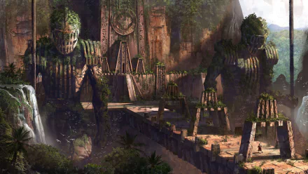 HD PC desktop wallpaper: overgrown fantasy ruin with colossal moss-covered statues, crumbling stone terraces and a waterfall.