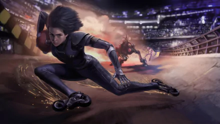 Cyborg Alita from the movie Alita: Battle Angel skates across a packed arena, crouched and ready to strike — dramatic action scene rendered as a 4K Ultra HD PC desktop wallpaper/background.
