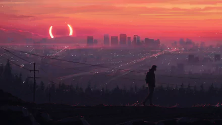 A man walks alone in the foreground of a cityscape during a stunning double sunset, captured in high definition. This image serves as a captivating desktop wallpaper and background.