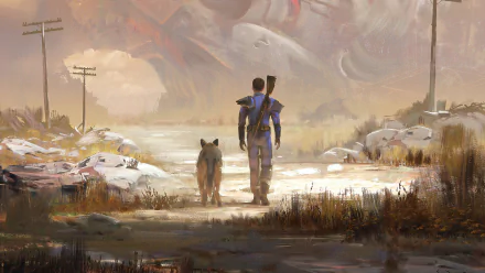 4K Ultra HD Fallout 4 wallpaper featuring a lone figure and a dog walking through a desolate post-apocalyptic landscape from the video game Fallout.
