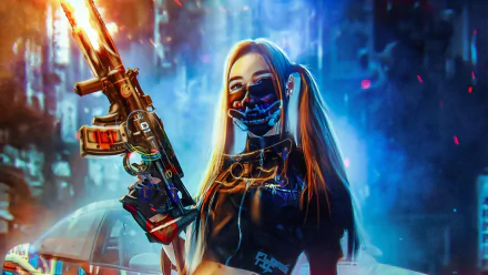 A cyberpunk scene features a long-haired character with twintails, wielding an assault rifle against a vibrant, futuristic backdrop, embodying themes of anarchy and rebellion.